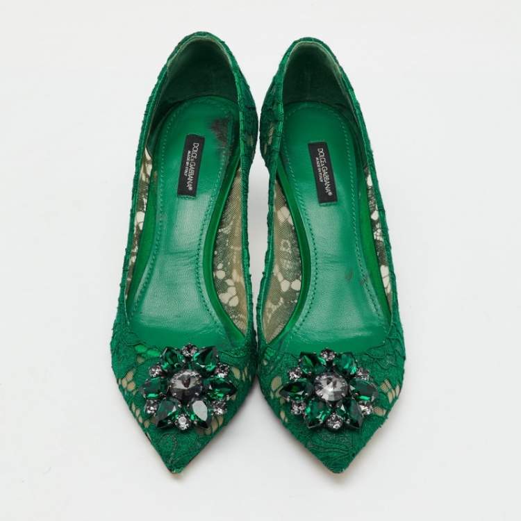 Pre Owned Dolce & Gabbana Green Lace Bellucci Crystal Embellishment Pumps Size 39