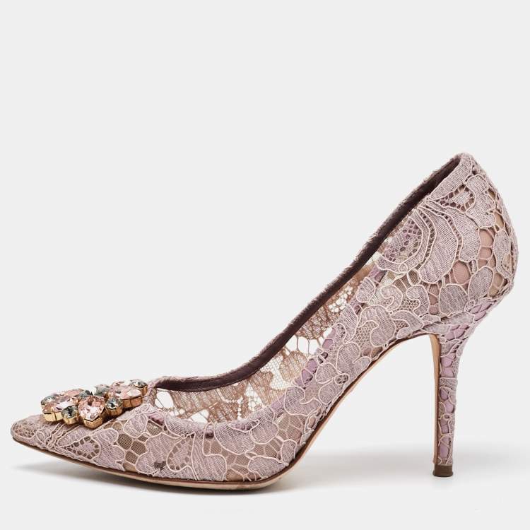 Pre Owned Dolce & Gabbana Dusty Pink Lace Bellucci Crystal Embellishment Pumps Size 39