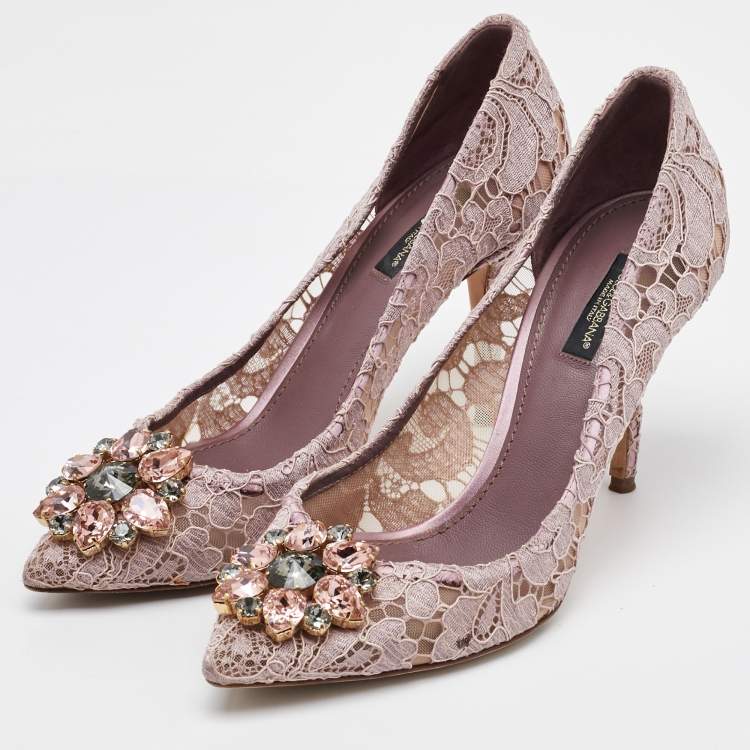 Pre Owned Dolce & Gabbana Dusty Pink Lace Bellucci Crystal Embellishment Pumps Size 39