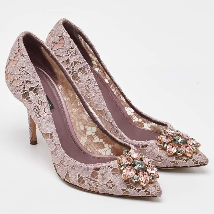 Pre Owned Dolce & Gabbana Dusty Pink Lace Bellucci Crystal Embellishment Pumps Size 39