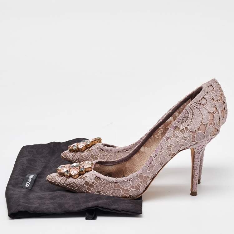 Pre Owned Dolce & Gabbana Dusty Pink Lace Bellucci Crystal Embellishment Pumps Size 39