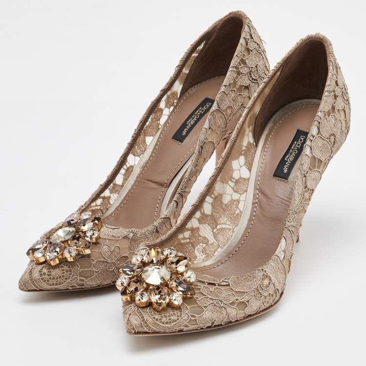 Pre Owned Dolce & Gabbana Beige Lace Bellucci Crystal Embellishment Pumps Size 39.5