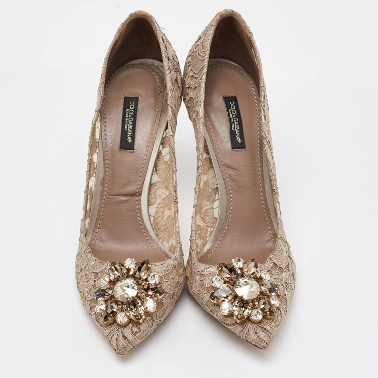 Pre Owned Dolce & Gabbana Beige Lace Bellucci Crystal Embellishment Pumps Size 39.5