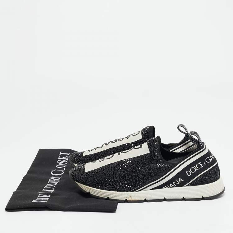 Pre Owned Dolce & Gabbana Black Crystals and Fabric Sorrento Slip On Sneakers Size 35