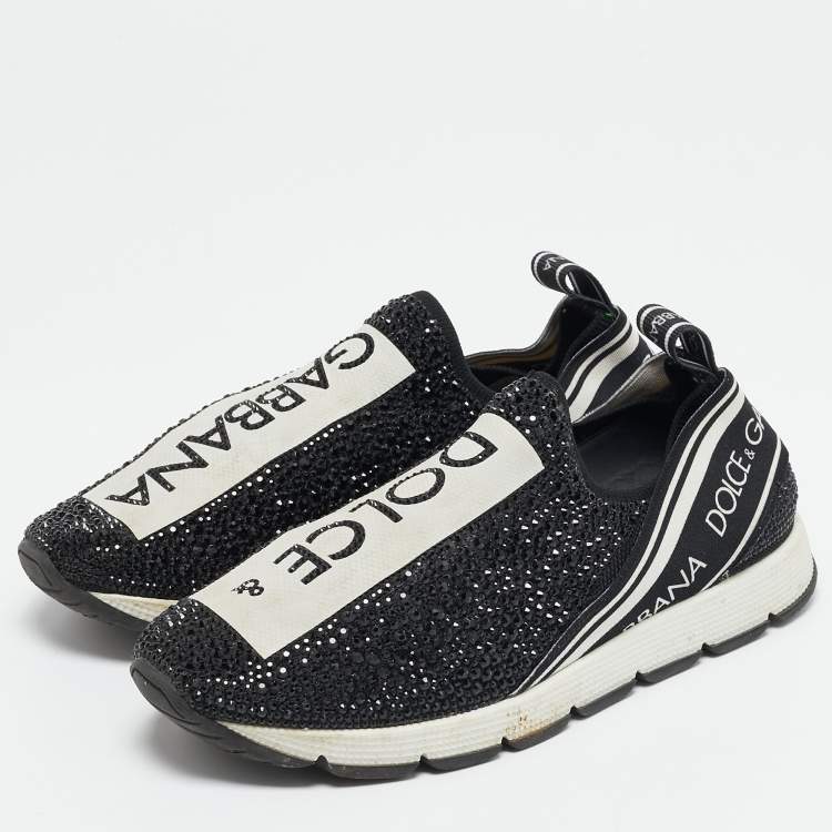 Pre Owned Dolce & Gabbana Black Crystals and Fabric Sorrento Slip On Sneakers Size 35