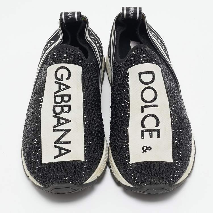 Pre Owned Dolce & Gabbana Black Crystals and Fabric Sorrento Slip On Sneakers Size 35