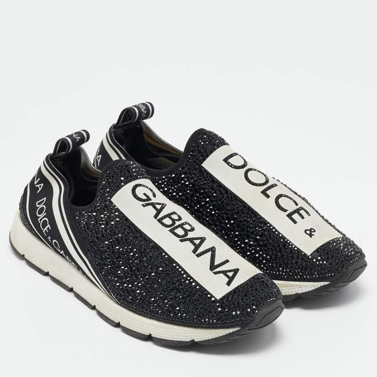 Pre Owned Dolce & Gabbana Black Crystals and Fabric Sorrento Slip On Sneakers Size 35