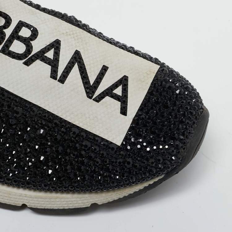 Pre Owned Dolce & Gabbana Black Crystals and Fabric Sorrento Slip On Sneakers Size 35