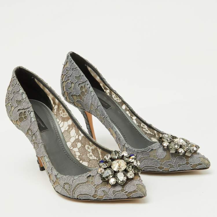 Pre Owned Dolce & Gabbana Grey Lace Bellucci Crystal Embellishment Pumps Size 39.5