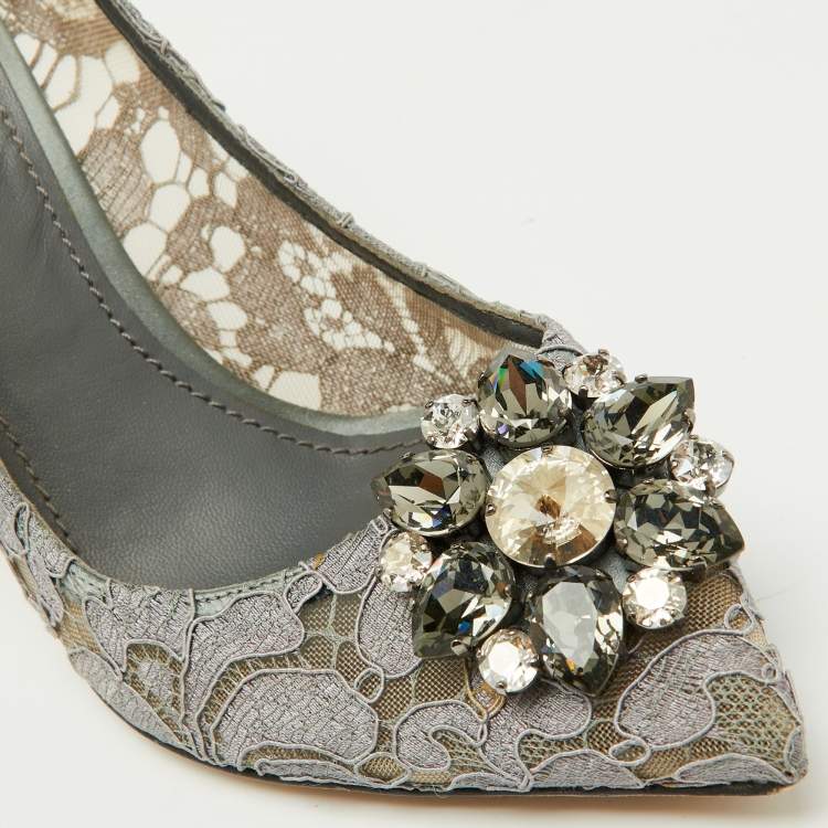 Pre Owned Dolce & Gabbana Grey Lace Bellucci Crystal Embellishment Pumps Size 39.5