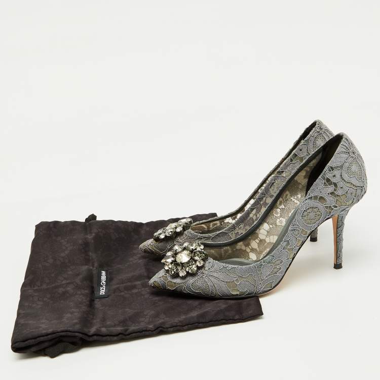 Pre Owned Dolce & Gabbana Grey Lace Bellucci Crystal Embellishment Pumps Size 39.5