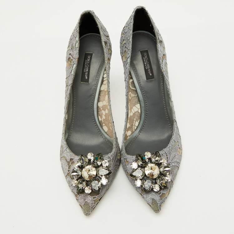 Pre Owned Dolce & Gabbana Grey Lace Bellucci Crystal Embellishment Pumps Size 39.5