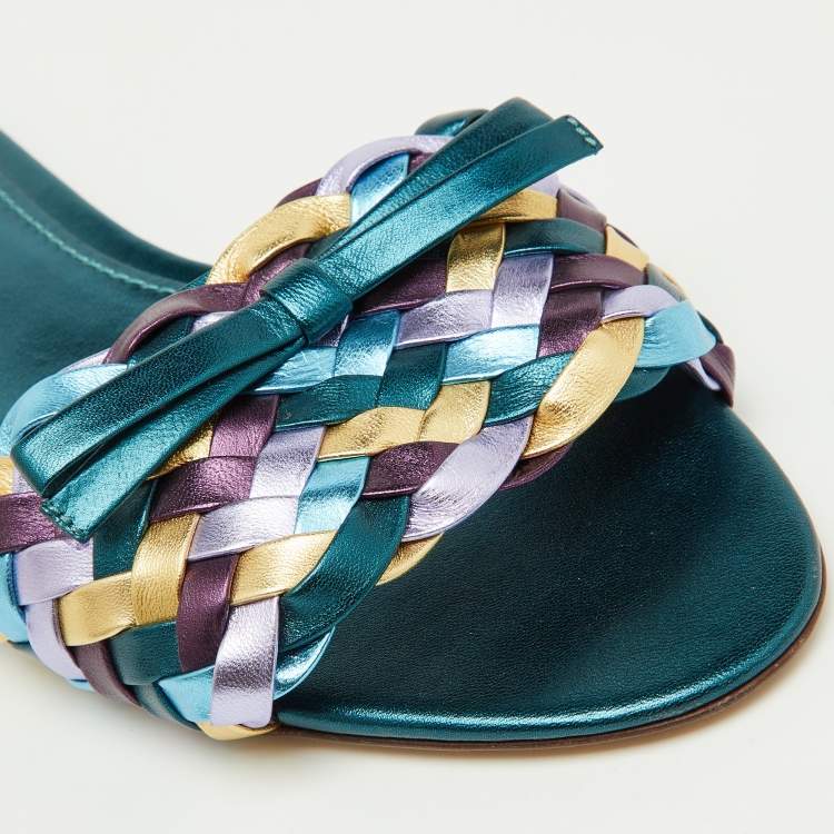 Pre Owned Dolce & Gabbana Multicolor Metallic Leather Woven Bow Flat Slide Sandals Size 39
