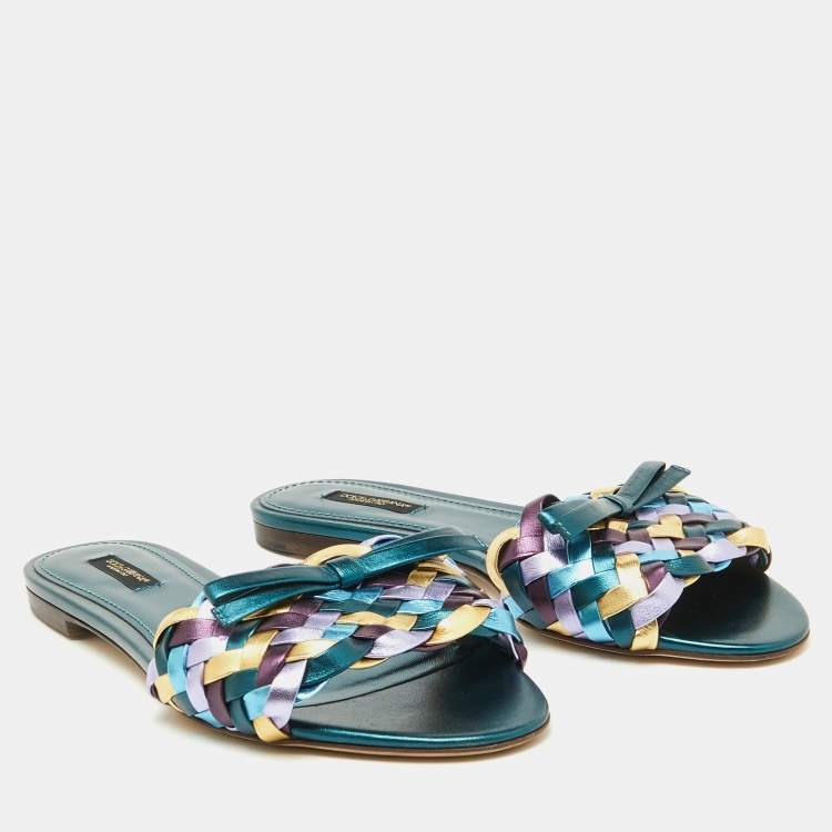 Pre Owned Dolce & Gabbana Multicolor Metallic Leather Woven Bow Flat Slide Sandals Size 39