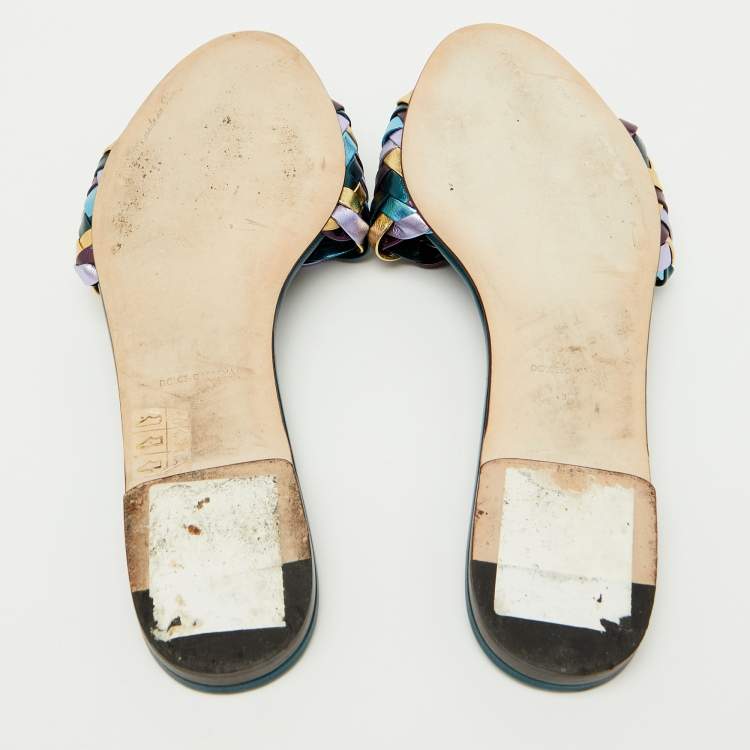 Pre Owned Dolce & Gabbana Multicolor Metallic Leather Woven Bow Flat Slide Sandals Size 39