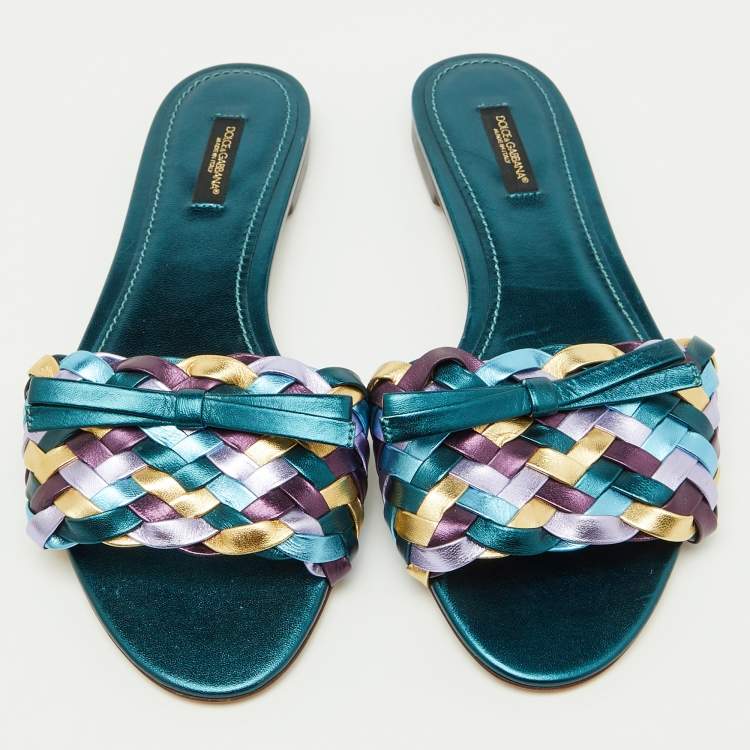 Pre Owned Dolce & Gabbana Multicolor Metallic Leather Woven Bow Flat Slide Sandals Size 39