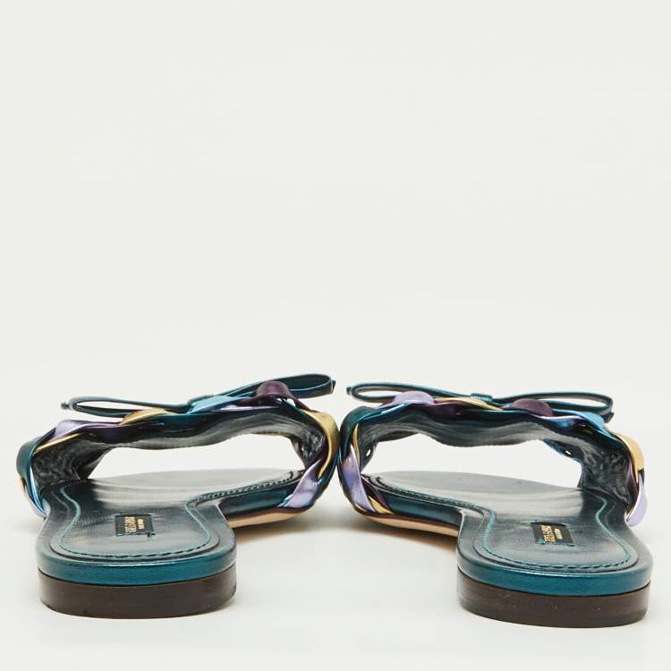 Pre Owned Dolce & Gabbana Multicolor Metallic Leather Woven Bow Flat Slide Sandals Size 39