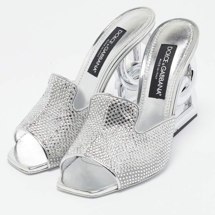 Pre Owned Dolce & Gabbana Silver Satin Crystal Embellished Keira Slide Sandals Size 41