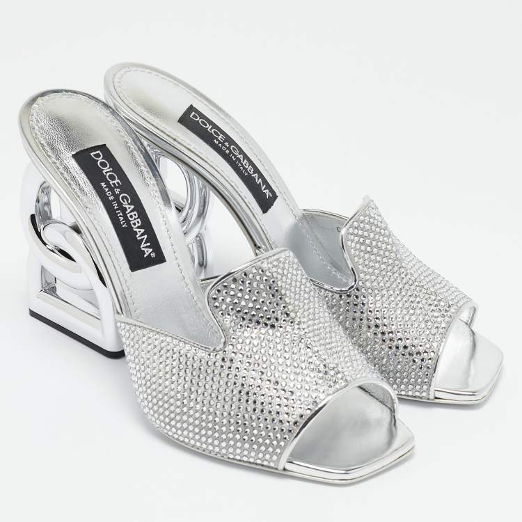 Pre Owned Dolce & Gabbana Silver Satin Crystal Embellished Keira Slide Sandals Size 41