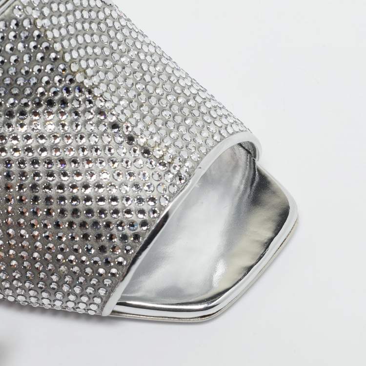 Pre Owned Dolce & Gabbana Silver Satin Crystal Embellished Keira Slide Sandals Size 41