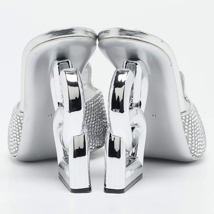 Pre Owned Dolce & Gabbana Silver Satin Crystal Embellished Keira Slide Sandals Size 41