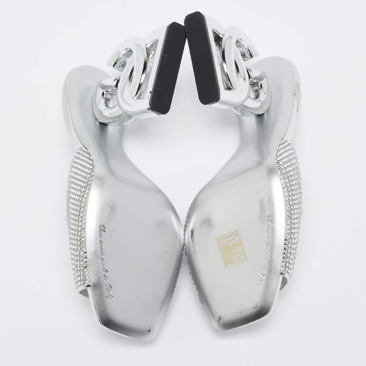Pre Owned Dolce & Gabbana Silver Satin Crystal Embellished Keira Slide Sandals Size 41