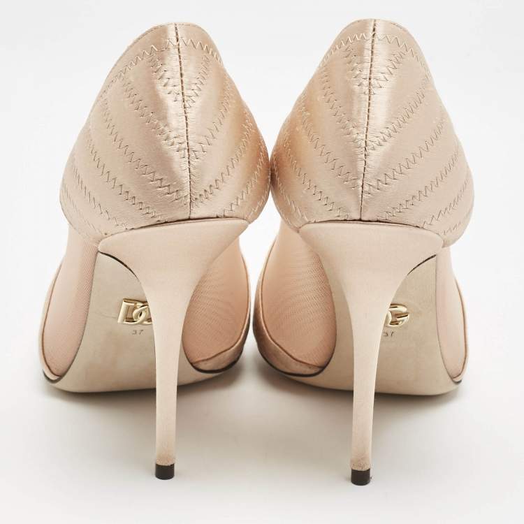 Pre Owned Dolce & Gabbana Peach Satin and Mesh Pointed Toe Pumps Size 37