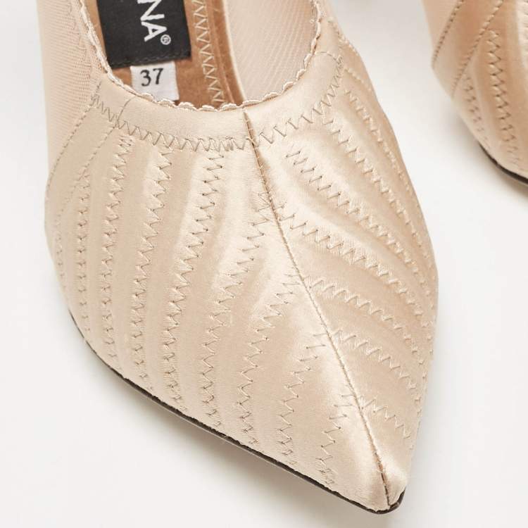 Pre Owned Dolce & Gabbana Peach Satin and Mesh Pointed Toe Pumps Size 37