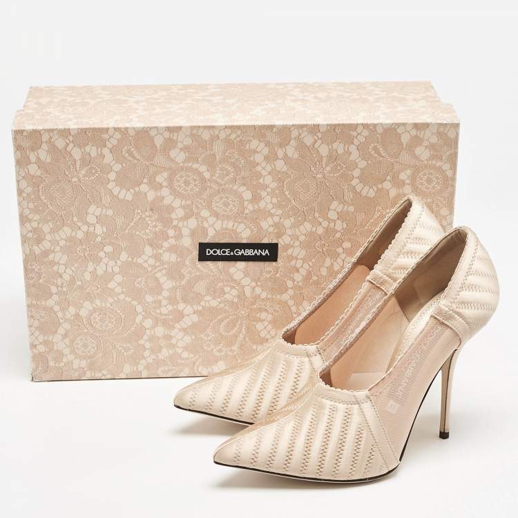 Pre Owned Dolce & Gabbana Peach Satin and Mesh Pointed Toe Pumps Size 37
