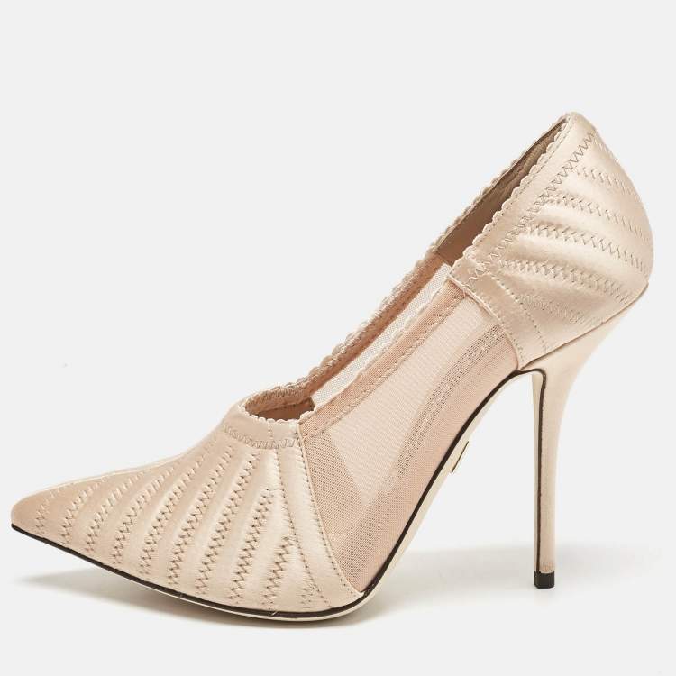Pre Owned Dolce & Gabbana Peach Satin and Mesh Pointed Toe Pumps Size 37