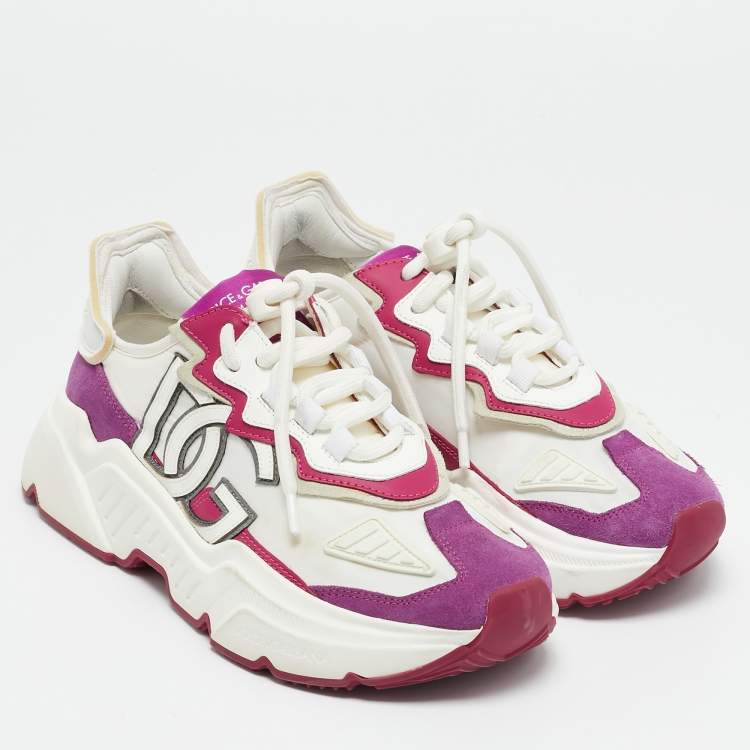 مملوكة مسبقًا Dolce & Gabbana White/Purple Nylon and Leather Daymaster Low Top Sneakers Size 37