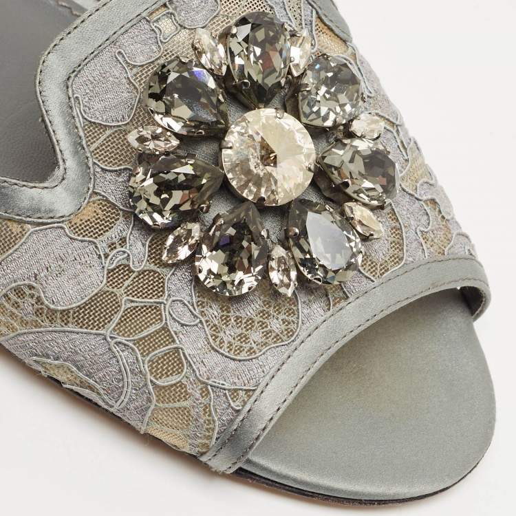 Pre Owned Dolce & Gabbana Grey Lace Crystal Embellished Flat Slide Sandals Size 39