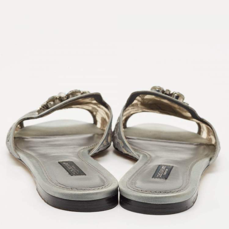 Pre Owned Dolce & Gabbana Grey Lace Crystal Embellished Flat Slide Sandals Size 39