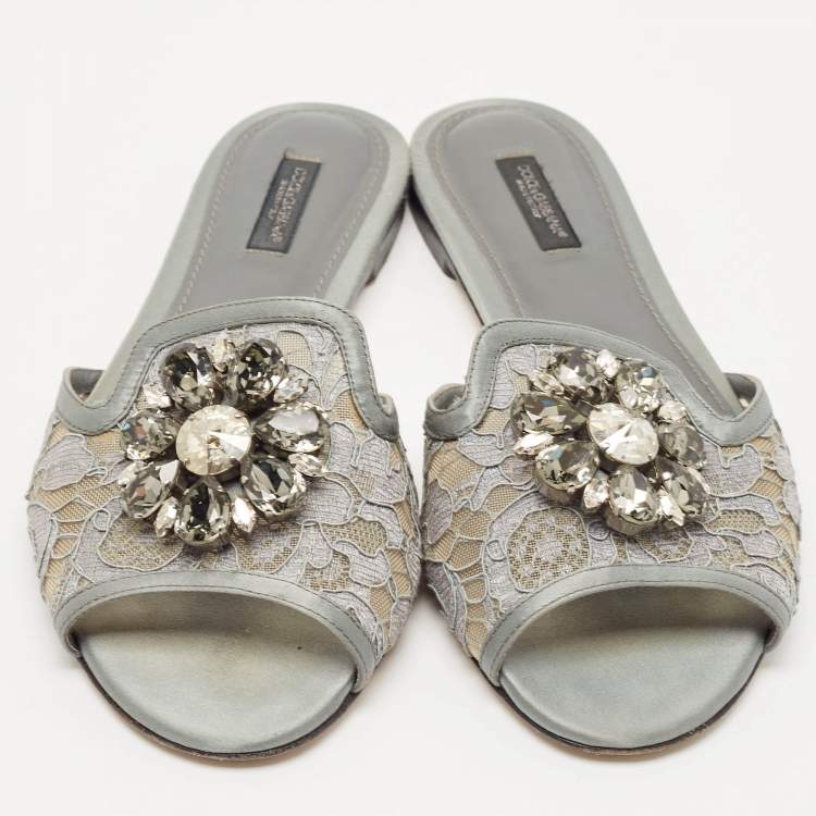 Pre Owned Dolce & Gabbana Grey Lace Crystal Embellished Flat Slide Sandals Size 39