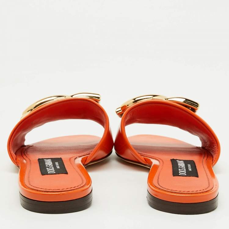 Pre Owned Dolce & Gabbana Orange Patent Leather DG Logo Flat Slide Sandals Size 36