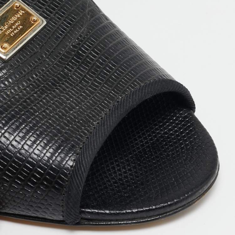 مملوكة مسبقًا Dolce & Gabbana Black Lizard Embossed Leather Sofia Flat Slides Size 36
