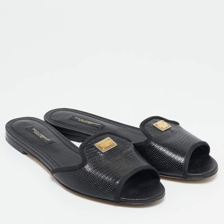 مملوكة مسبقًا Dolce & Gabbana Black Lizard Embossed Leather Sofia Flat Slides Size 36