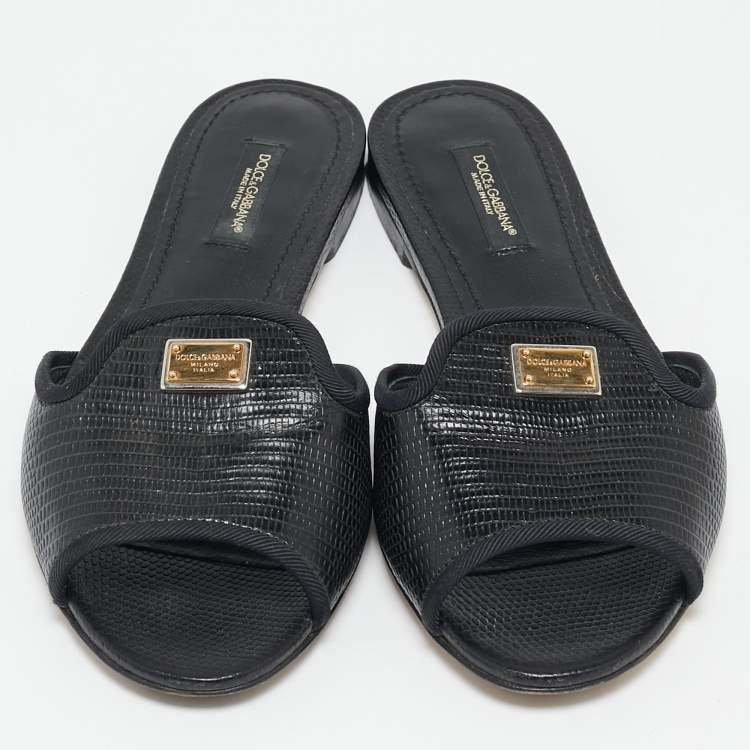 مملوكة مسبقًا Dolce & Gabbana Black Lizard Embossed Leather Sofia Flat Slides Size 36