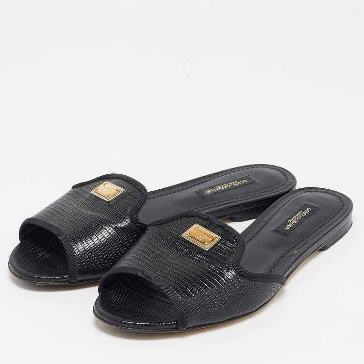 مملوكة مسبقًا Dolce & Gabbana Black Lizard Embossed Leather Sofia Flat Slides Size 36