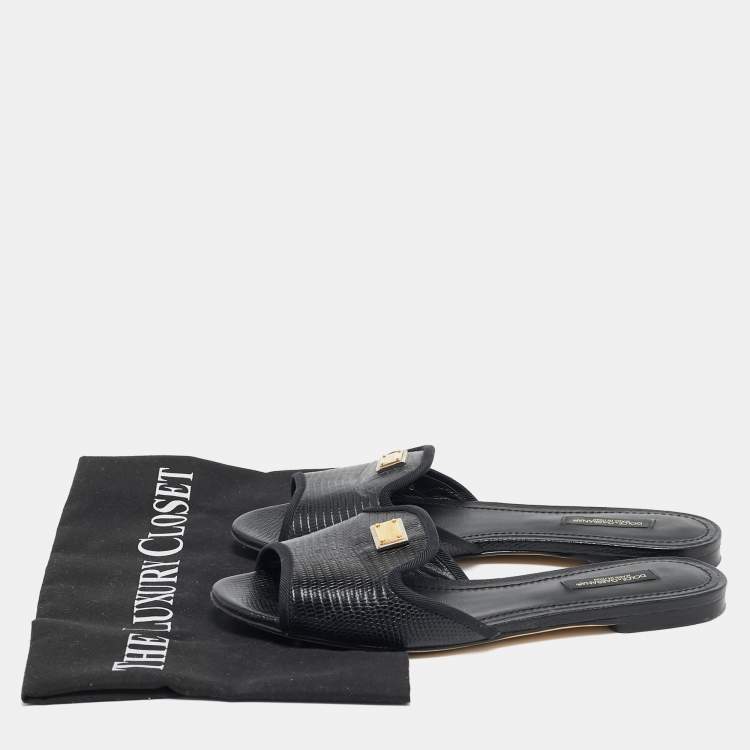 مملوكة مسبقًا Dolce & Gabbana Black Lizard Embossed Leather Sofia Flat Slides Size 36