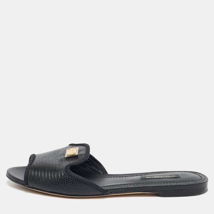 مملوكة مسبقًا Dolce & Gabbana Black Lizard Embossed Leather Sofia Flat Slides Size 36