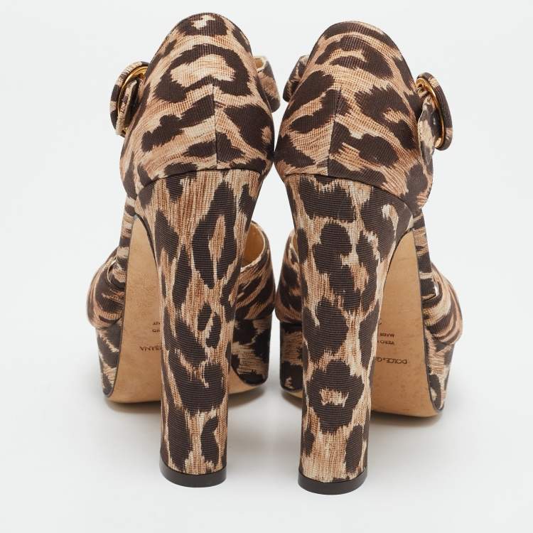 Pre Owned Dolce & Gabbana Beige/Brown Leopard Print Canvas Ankle Strap Sandals Size 37