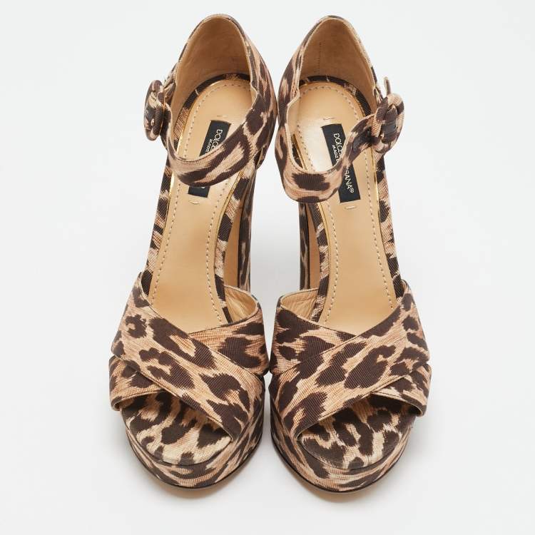 Pre Owned Dolce & Gabbana Beige/Brown Leopard Print Canvas Ankle Strap Sandals Size 37