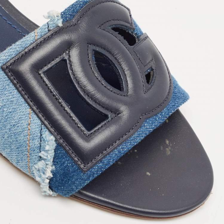 Pre Owned Dolce & Gabbana Blue Patchwork Denim DG Logo Flat Slide Sandals Size 38
