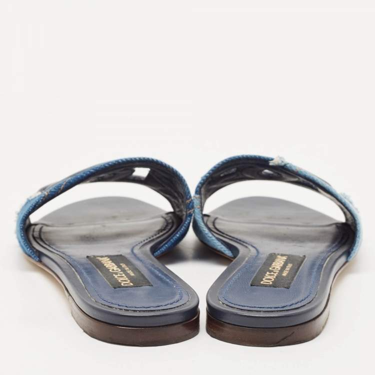 Pre Owned Dolce & Gabbana Blue Patchwork Denim DG Logo Flat Slide Sandals Size 38