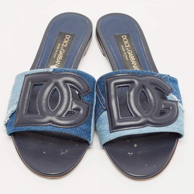 Pre Owned Dolce & Gabbana Blue Patchwork Denim DG Logo Flat Slide Sandals Size 38