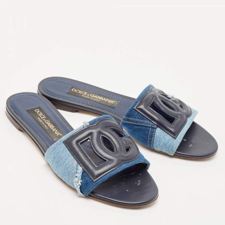 Pre Owned Dolce & Gabbana Blue Patchwork Denim DG Logo Flat Slide Sandals Size 38