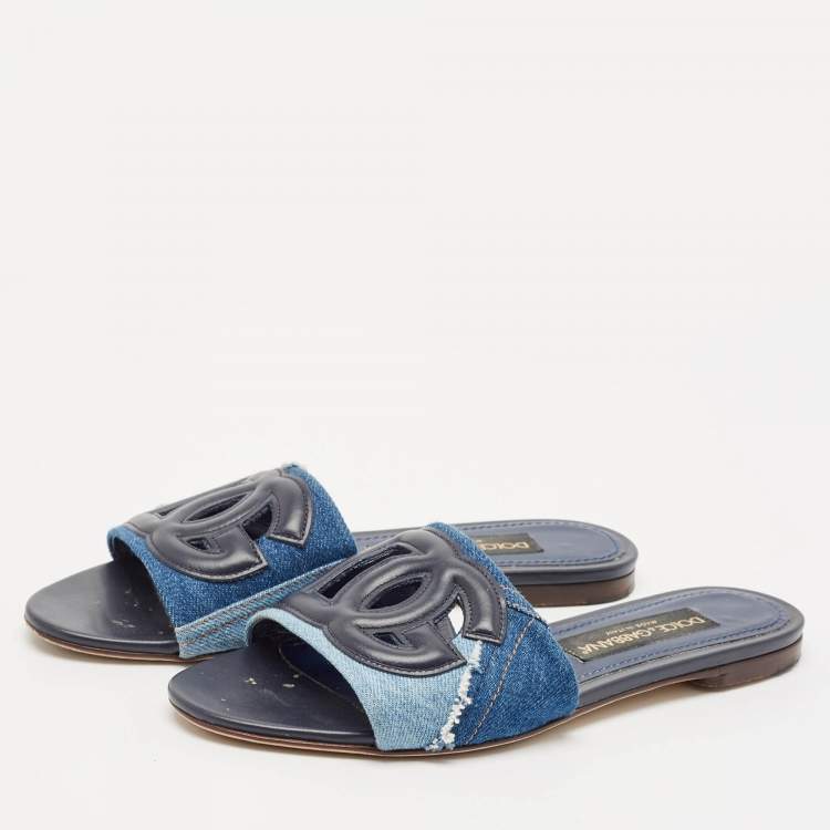Pre Owned Dolce & Gabbana Blue Patchwork Denim DG Logo Flat Slide Sandals Size 38