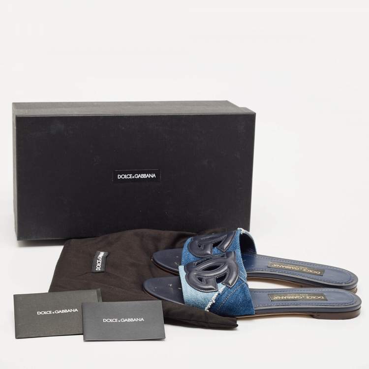 Pre Owned Dolce & Gabbana Blue Patchwork Denim DG Logo Flat Slide Sandals Size 38