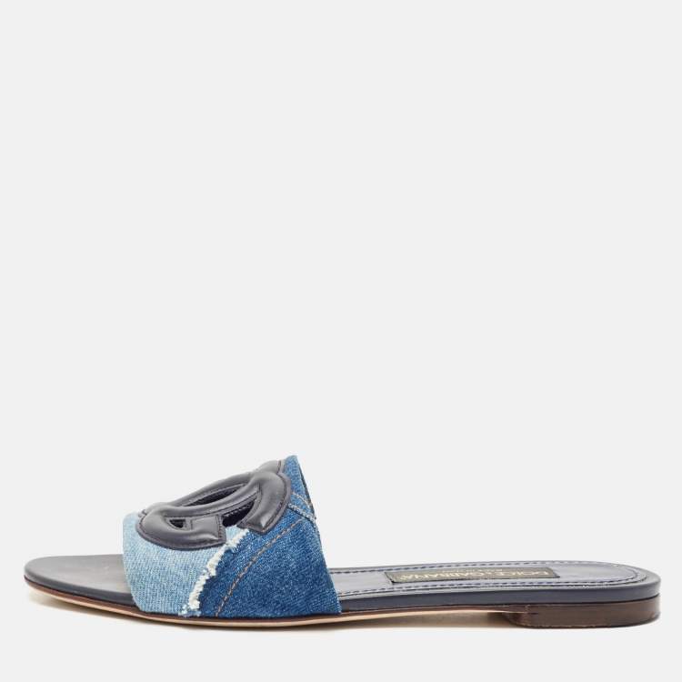 Pre Owned Dolce & Gabbana Blue Patchwork Denim DG Logo Flat Slide Sandals Size 38